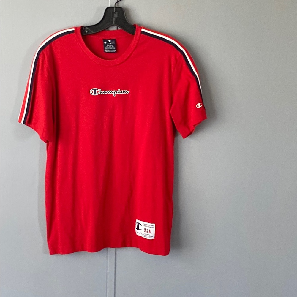 Champion Bold Red Tee with Logo Accents-EUC